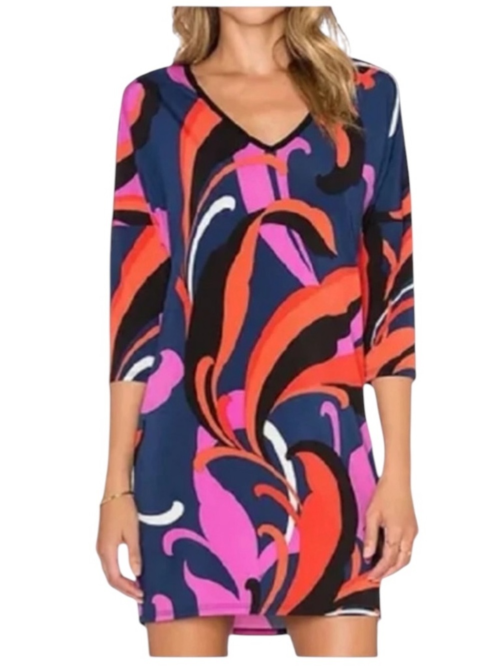 Trina Turk V-Neck Dress Small Bold Print Navy Pink Orange Sheath
